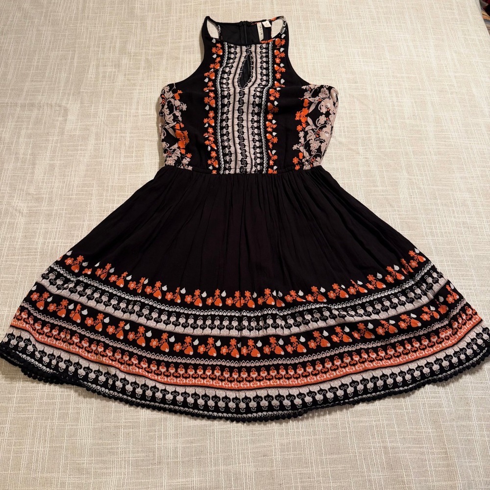 Mia‎ Ami Black Orange Floral Boho Halter Mini Dress Pom Pom Trim Small 29305fr